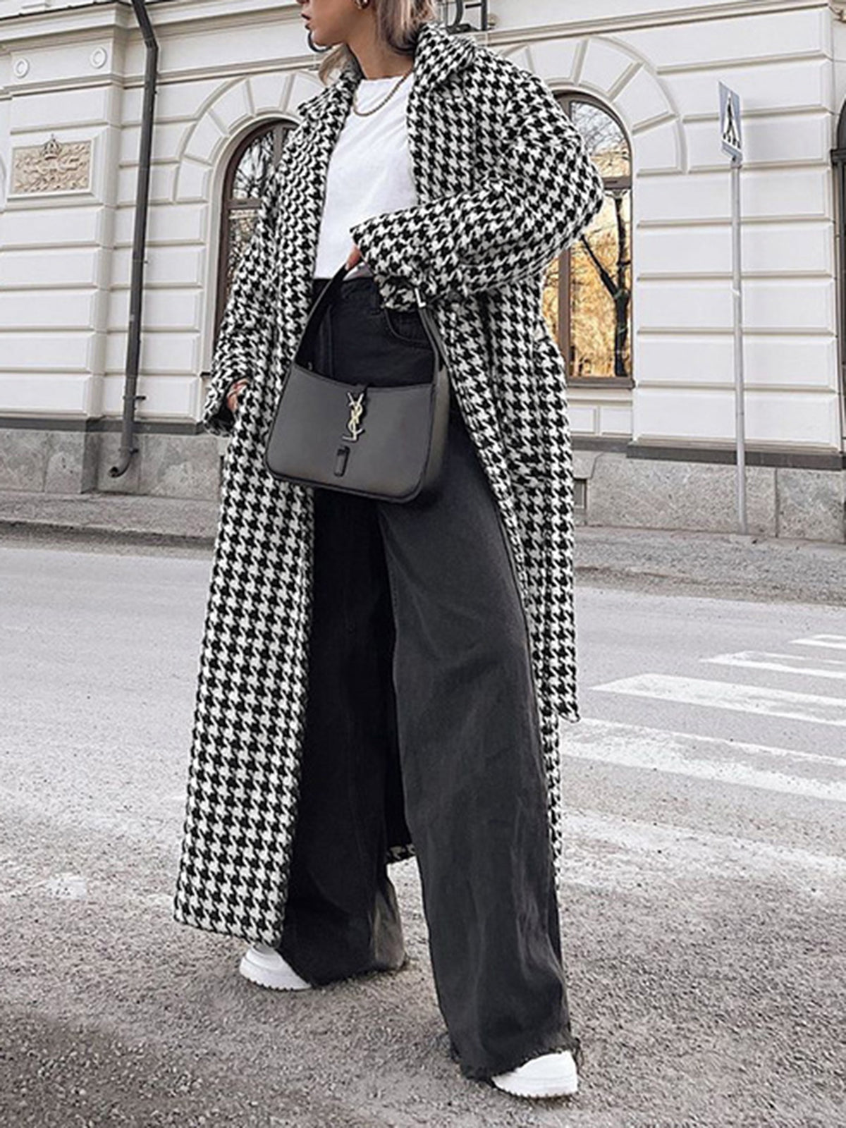 Oversized Houndstooth Tweed Trench Coat