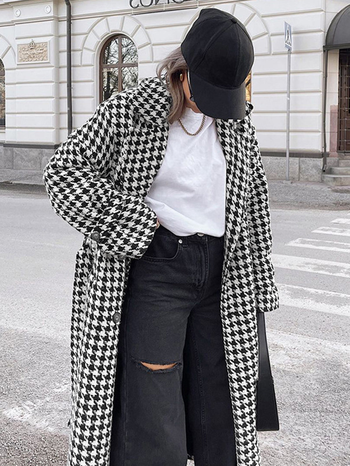 Oversized Houndstooth Tweed Trench Coat