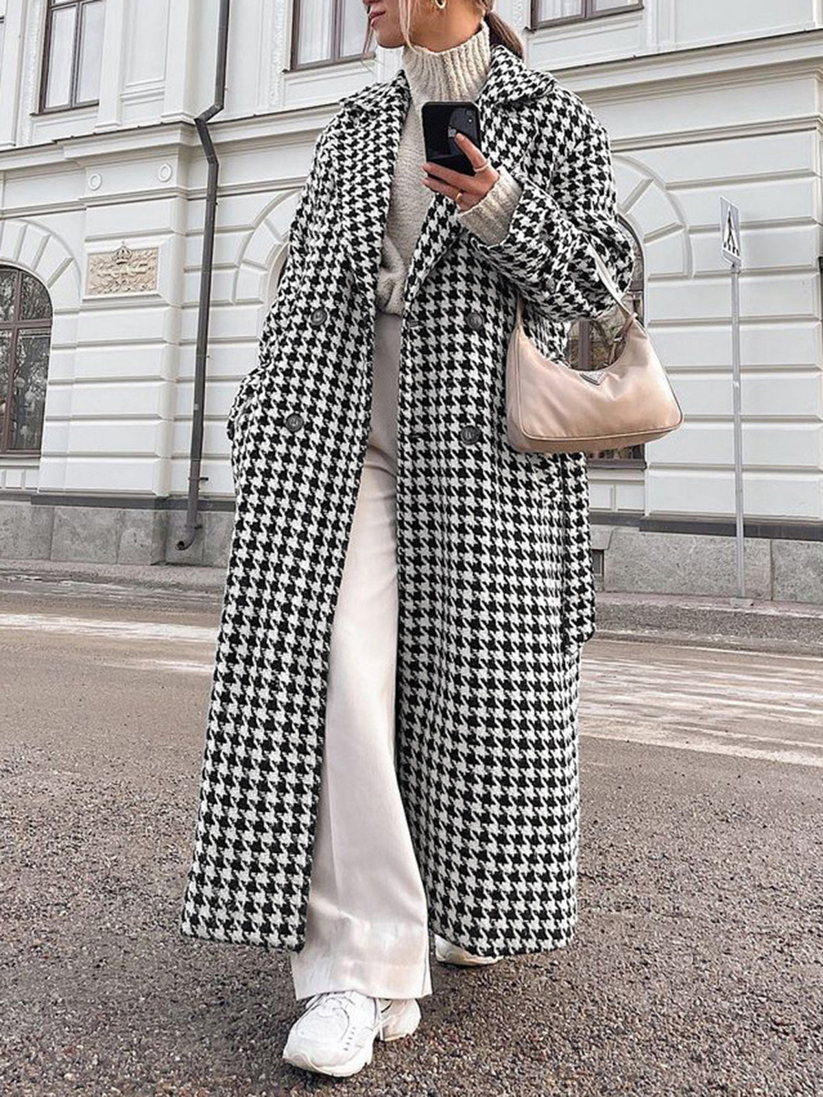 Oversized Houndstooth Tweed Trench Coat