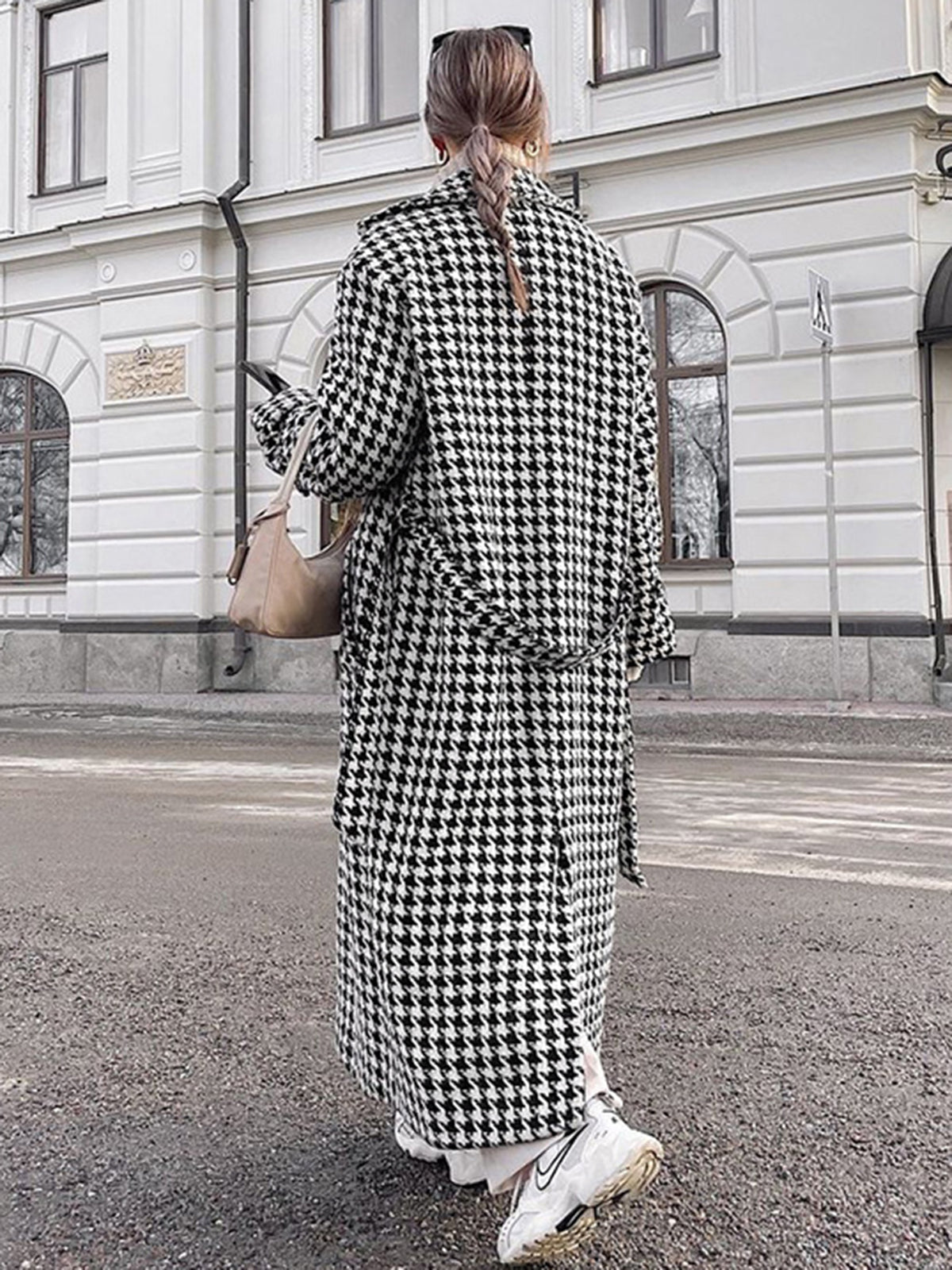 Oversized Houndstooth Tweed Trench Coat