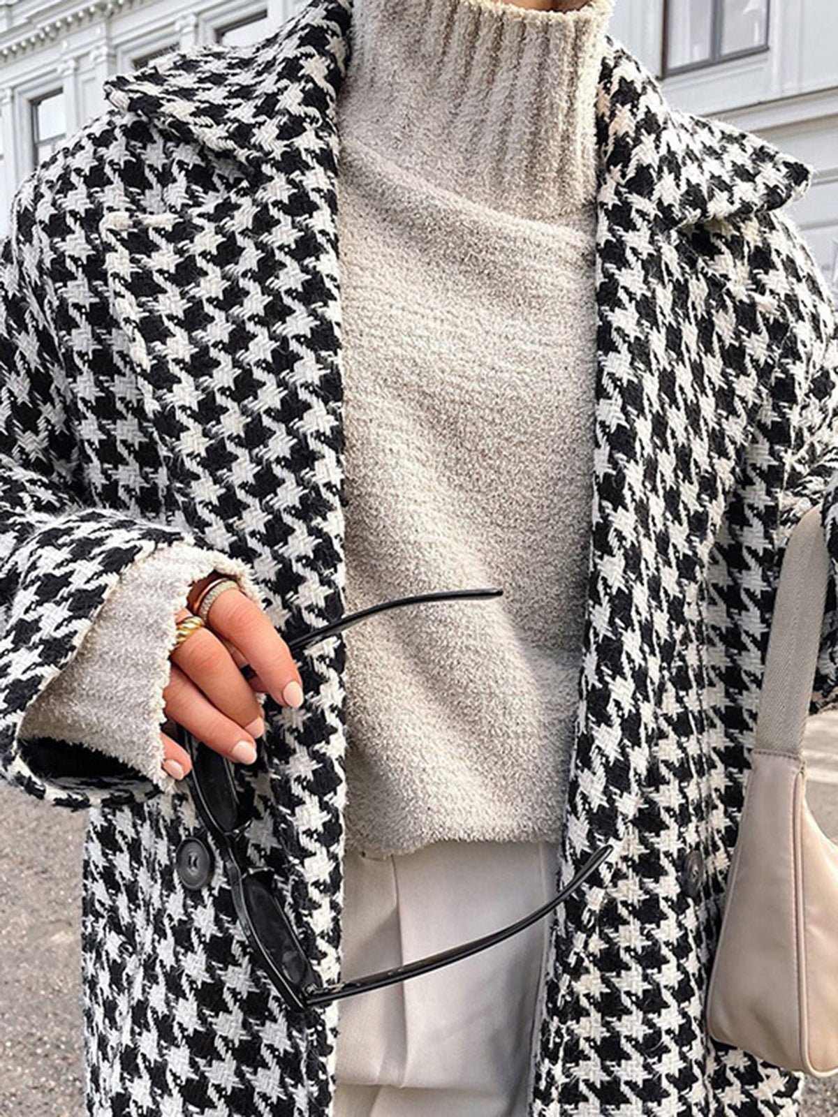 Oversized Houndstooth Tweed Trench Coat