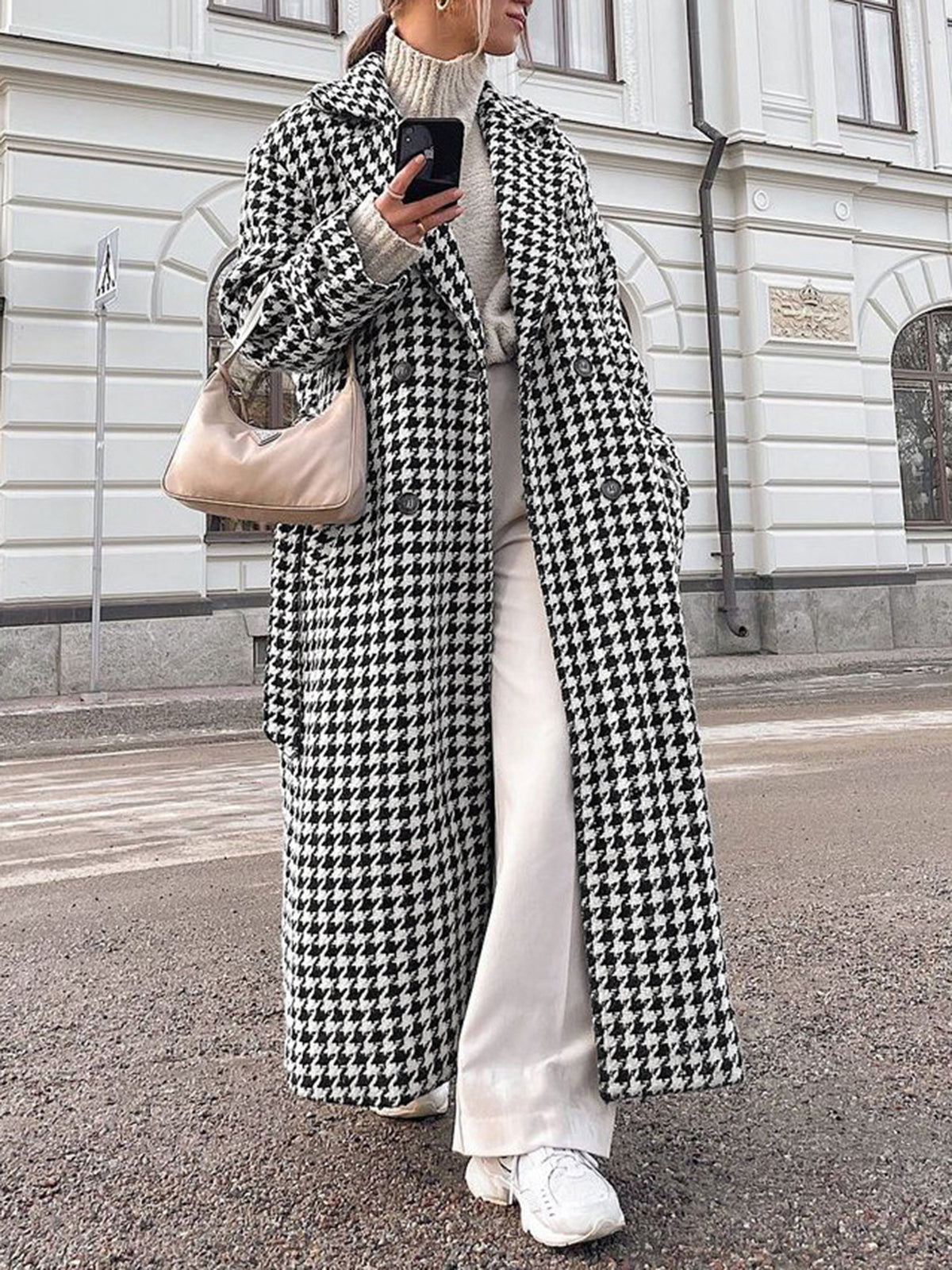 Oversized Houndstooth Tweed Trench Coat