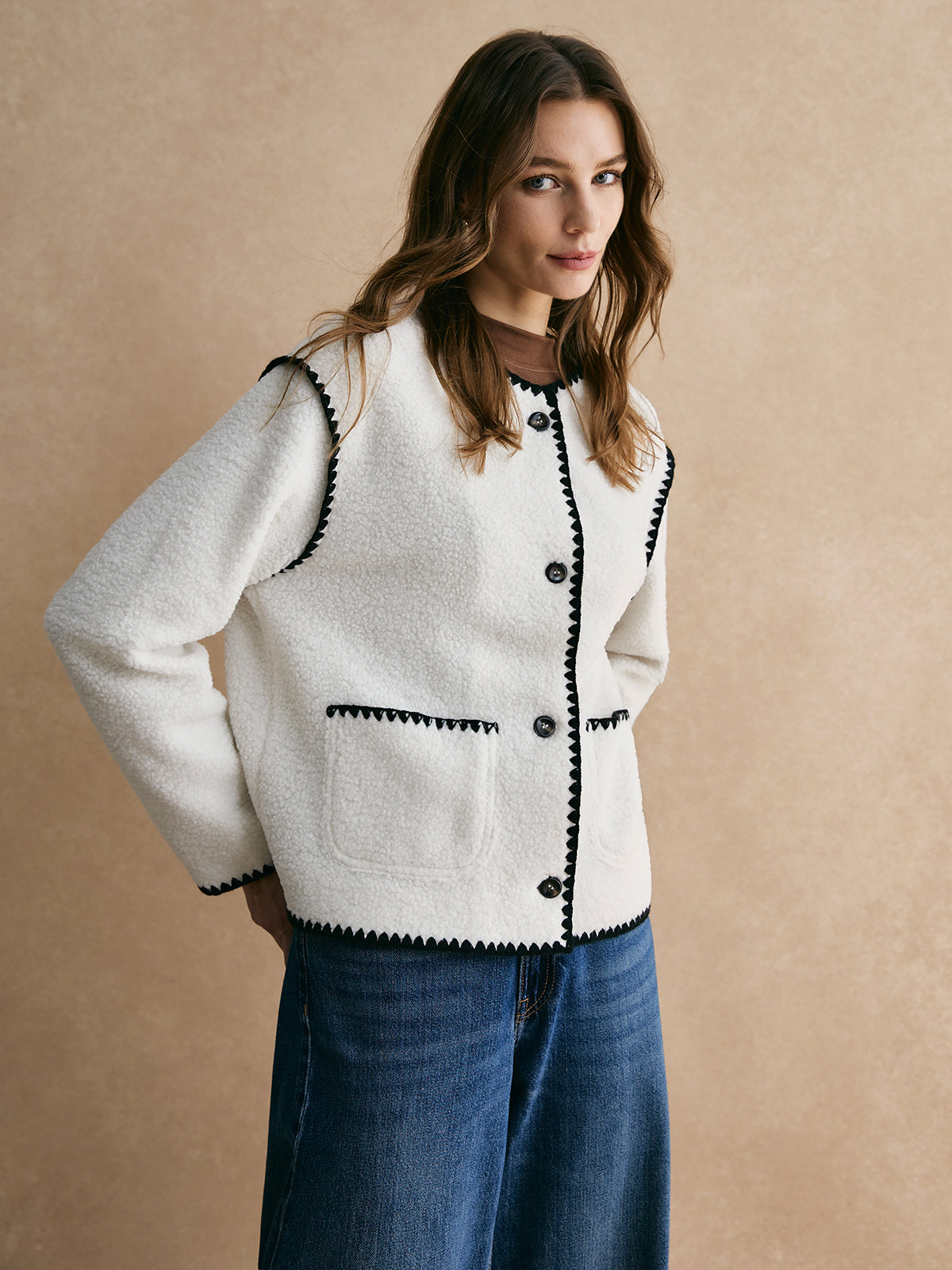 Contrast Trim Minky Fleece Jacket