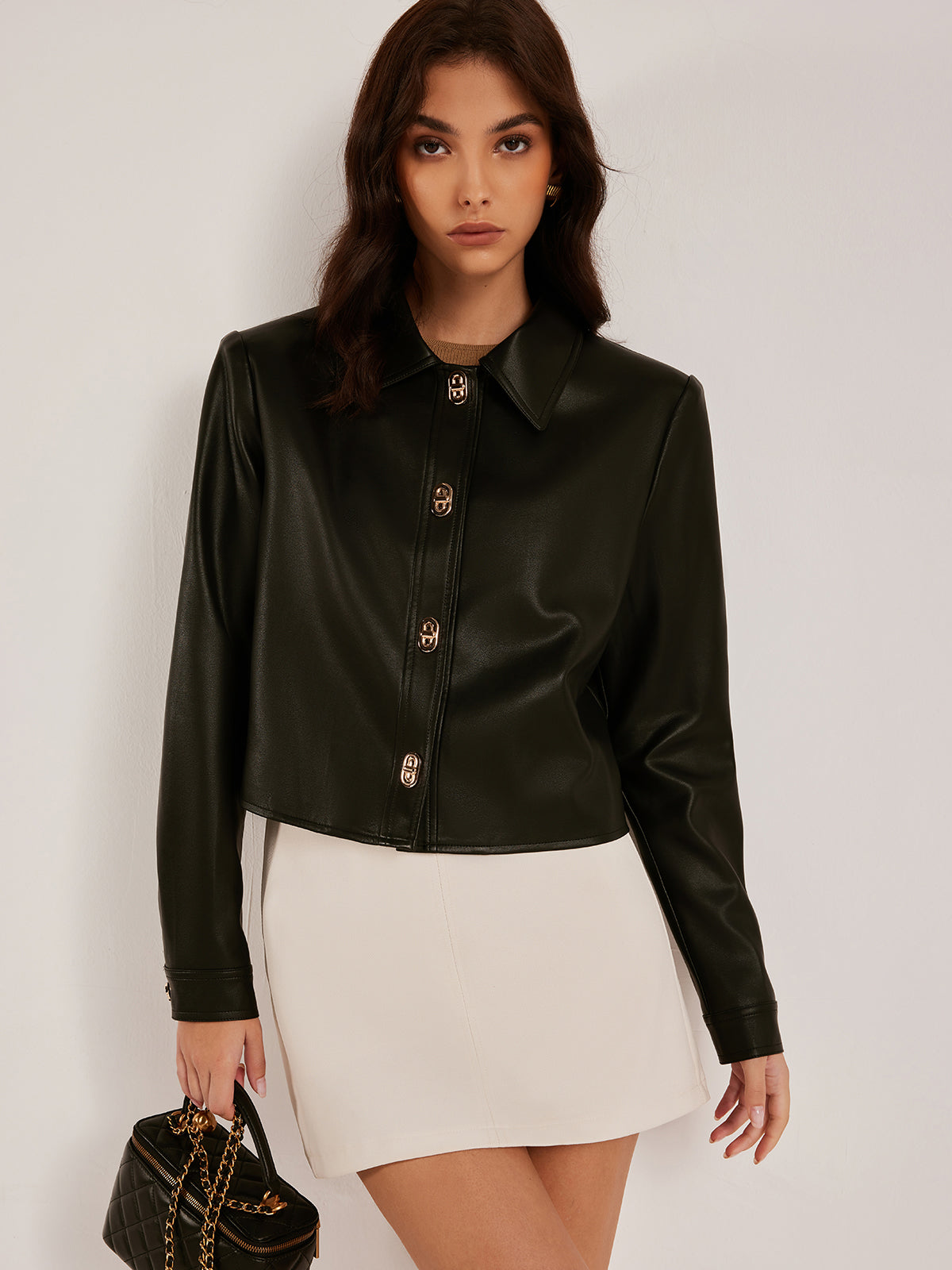 Metal-Button PU Leather Short Jacket