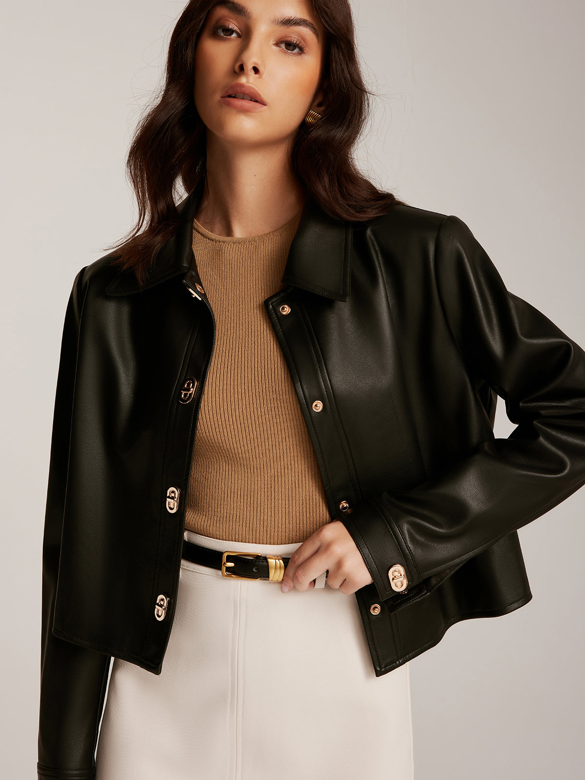 Metal-Button PU Leather Short Jacket