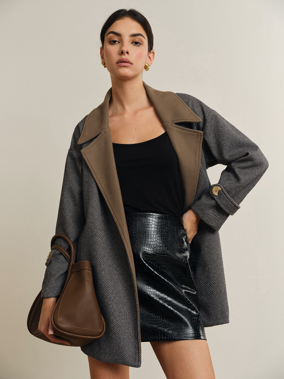 Oversized Contrast Collar Belted Wool Coat