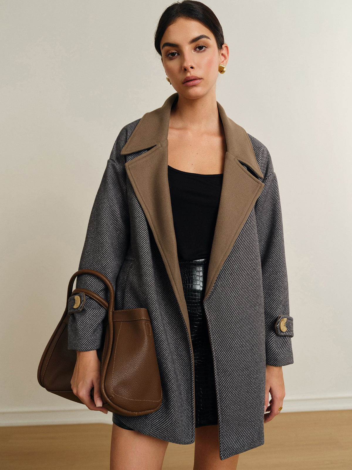 Oversized Contrast Collar Belted Wool Coat