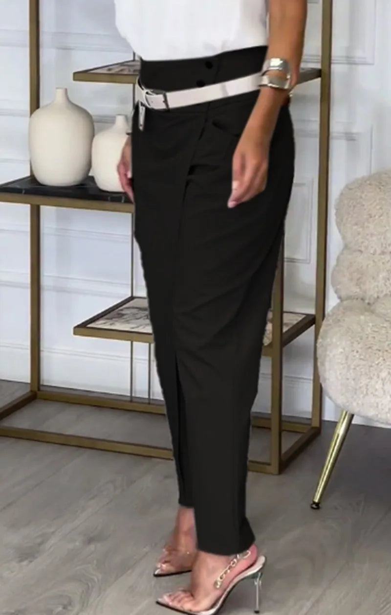 Pantaloni-a-vita-alta-in-poliestere-nero - abbigliamento-da-ufficio-casual-streetwear